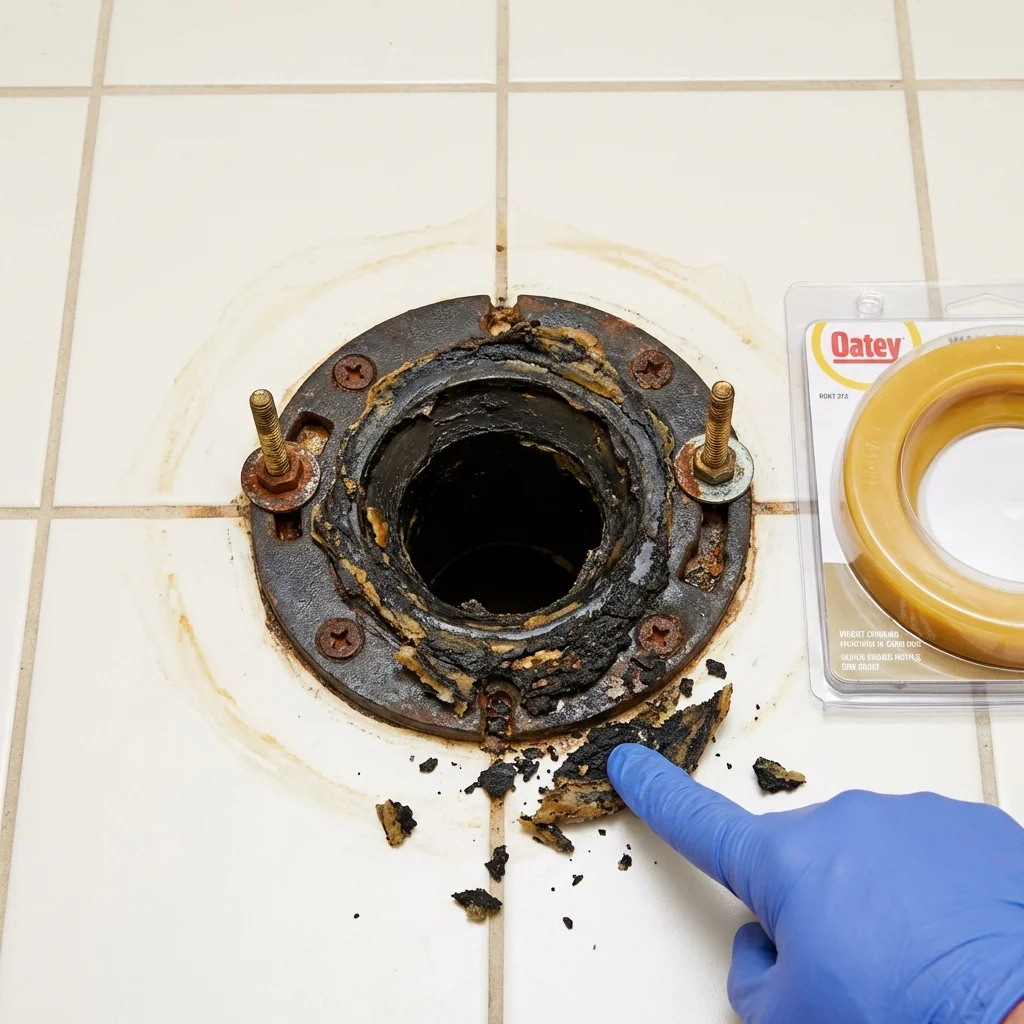 Failed wax ring showing water seepage at the base of a toilet in a Gorham, ME home
