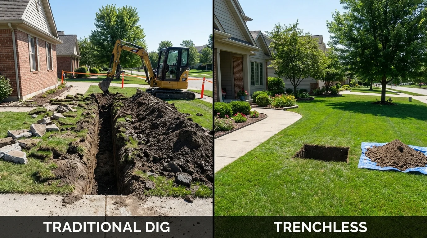 Trenchless sewer repair with minimal yard damage versus traditional excavation in Gorham, ME