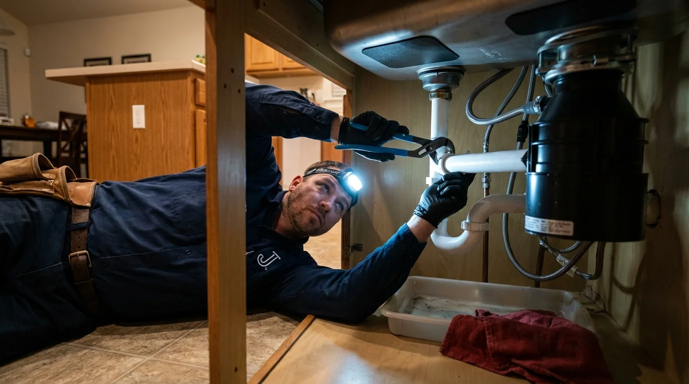 P-trap and supply line connections under a kitchen sink showing a common leak point in Gorham, ME